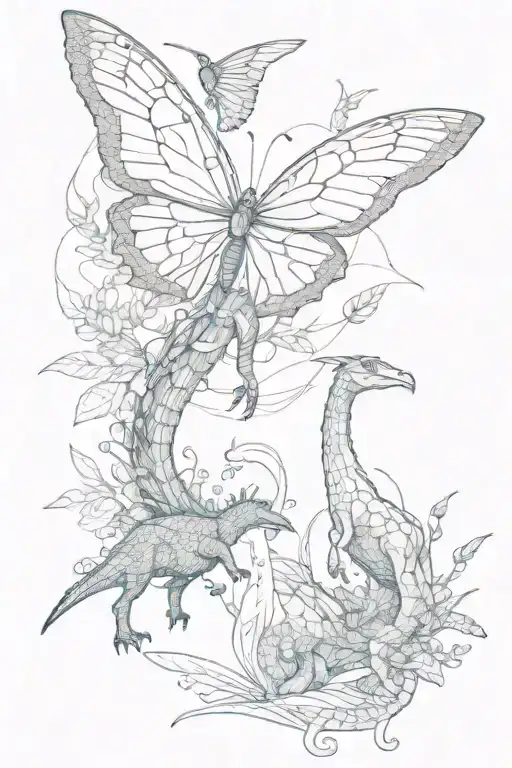 butterfly + dinosaur with a long neck tattoo design idea