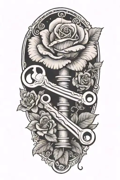 A tattoo of a pipe wrench with a rose and clovers to represent my love for my children, wife and trade tattoo design idea