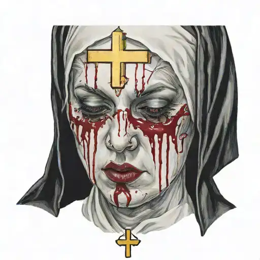 Sexy Nun, huge boobs,, revealing attire, seductive facial expressions, gold cross dripping blood, praying, portrait tattoo design idea