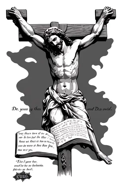 jesus on the crucifix with a bible verse written tattoo design idea