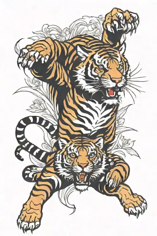 screaming full body of tiger with lotus flower tattoo tattoo design idea