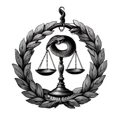 Roman wreath around a set of scales with a snake eating its own tail tattoo design idea