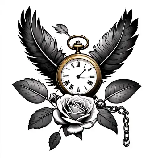 3  eagle feathers going up the arm with gaps in between them. wilting rose with a pocket watch with a chain rapping tattoo design idea