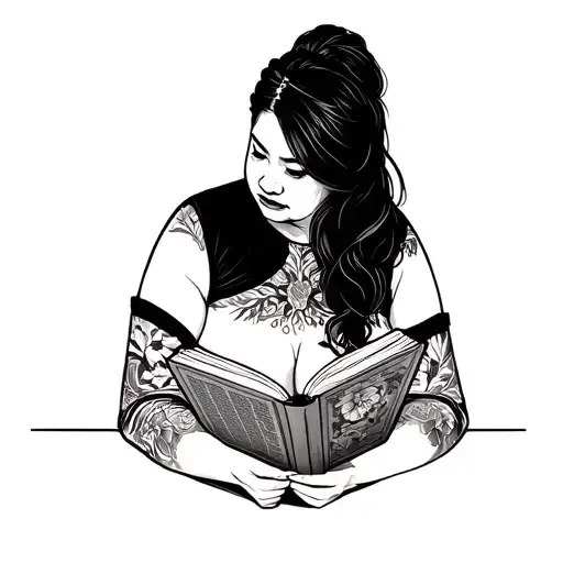 a plus size asian woman reading a book, facing away tattoo design idea