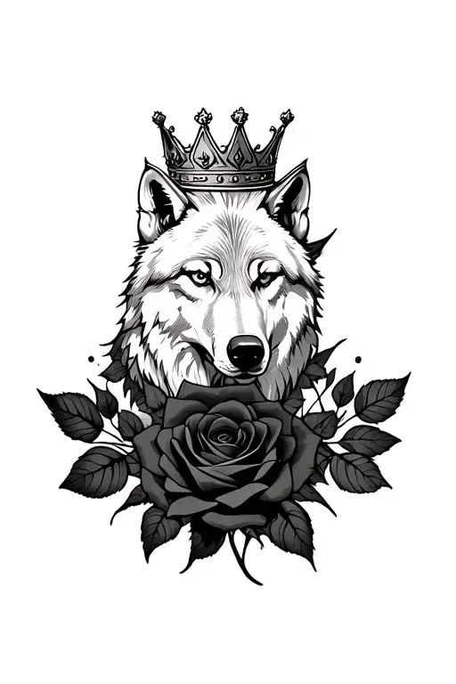 wolf with crown and rose intertwined tattoo design idea
