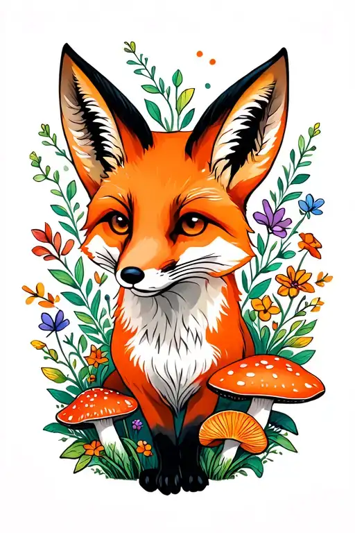 red fox surrounded by mushrooms and flowers tattoo design idea