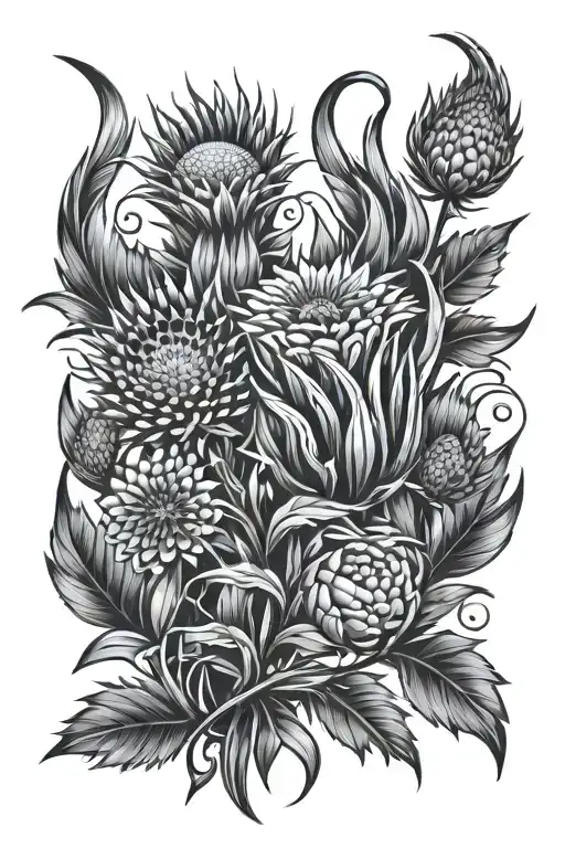 Tattoo composition Thistle, Phoenix, Fire, S, 21, Tech, Cyber tattoo design idea