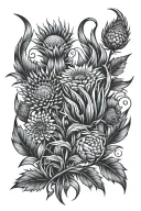 Tattoo composition Thistle, Phoenix, Fire, S, 21, Tech, Cyber tattoo design idea