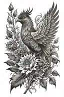 Tattoo composition Thistle, Phoenix, Fire, S, 21, Tech, Cyber tattoo design idea