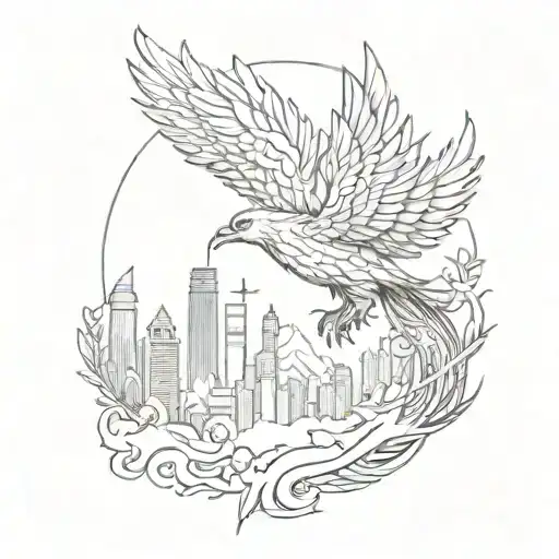 A sketch style tattoo of a phoenix soaring above a skyline, embodying a sense of freedom and wanderlust tattoo design idea