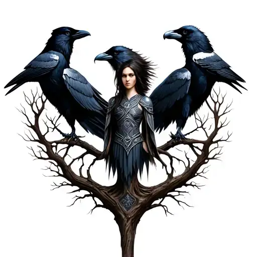 A Nordic goddess or warrior, tree of life, 2 ravens, 1 wolf tattoo design idea