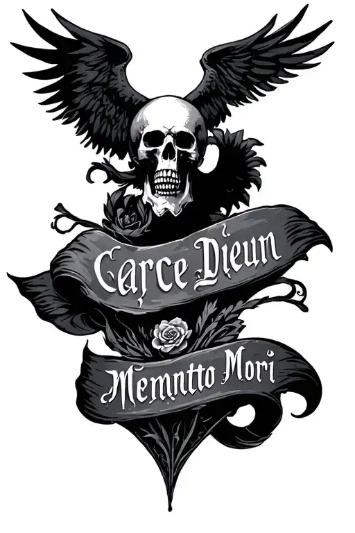 Nosce Te Ipsun on the top. Carpe Diem in the middle and Memento Mori at the bottom. Minimalist medieval style. tattoo design idea