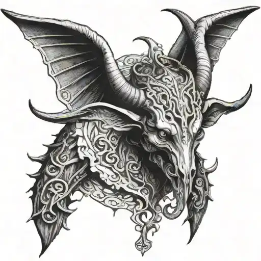 baphomet satan with intricately detailed features demon horns and mighty leathered bat wings, an pen and ink drawing sty tattoo design idea