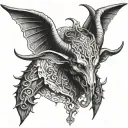 baphomet satan with intricately detailed features demon horns and mighty leathered bat wings, an pen and ink drawing sty tattoo design idea