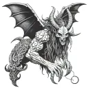 baphomet satan with intricately detailed features demon horns and mighty leathered bat wings, an pen and ink drawing sty tattoo design idea