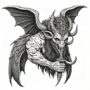 baphomet satan with intricately detailed features demon horns and mighty leathered bat wings, an pen and ink drawing sty tattoo design idea