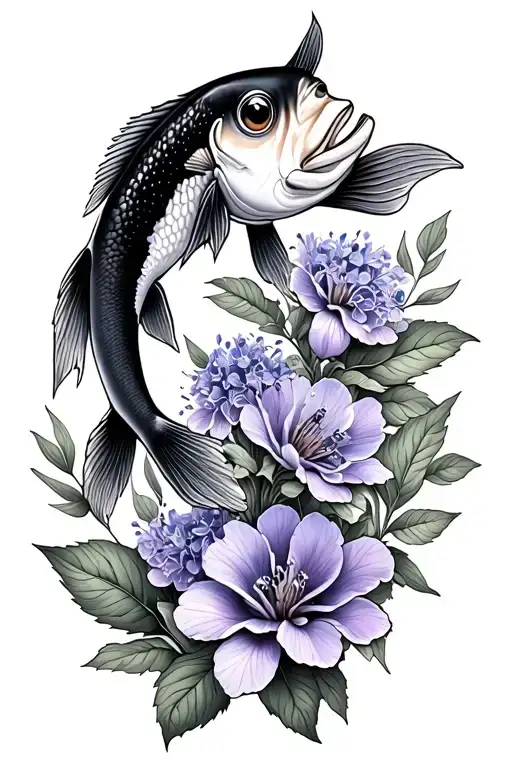 Fish and lilac flower tattoo design idea