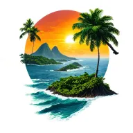 mountain on left, costa rica pacific ocean sunset with guanacaste tree branch in right foreground and small island right tattoo design idea