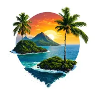 mountain on left, costa rica pacific ocean sunset with guanacaste tree branch in right foreground and small island right tattoo design idea