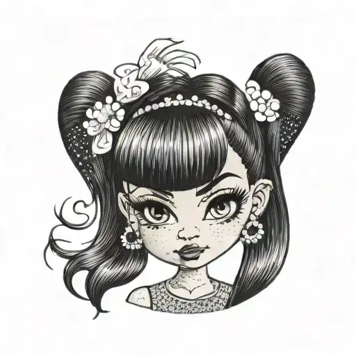 bratz portrait with black hair, with two ponytails tattoo design idea
