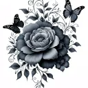 A black and gray floral piece with butterflies vines  tattoo design idea
