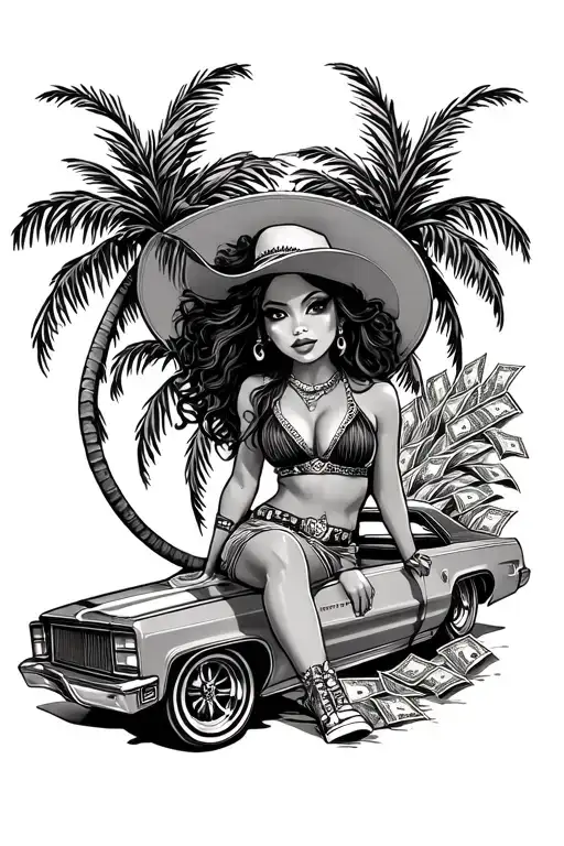 chicano girl with low rider money and palm trees tattoo design idea