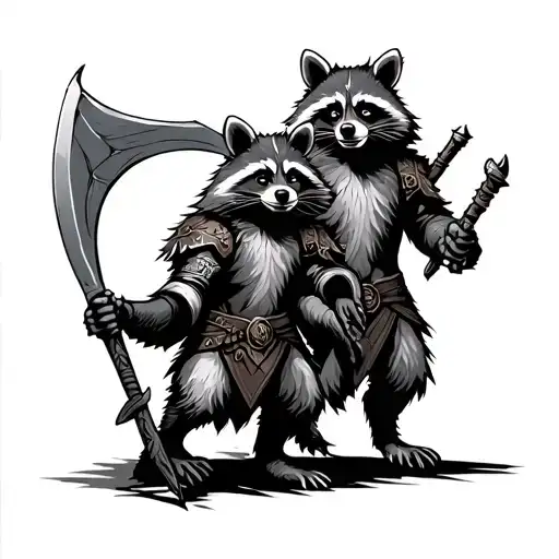 two warrior racoons, one whith a scythe, the other has a Zweihander tattoo design idea