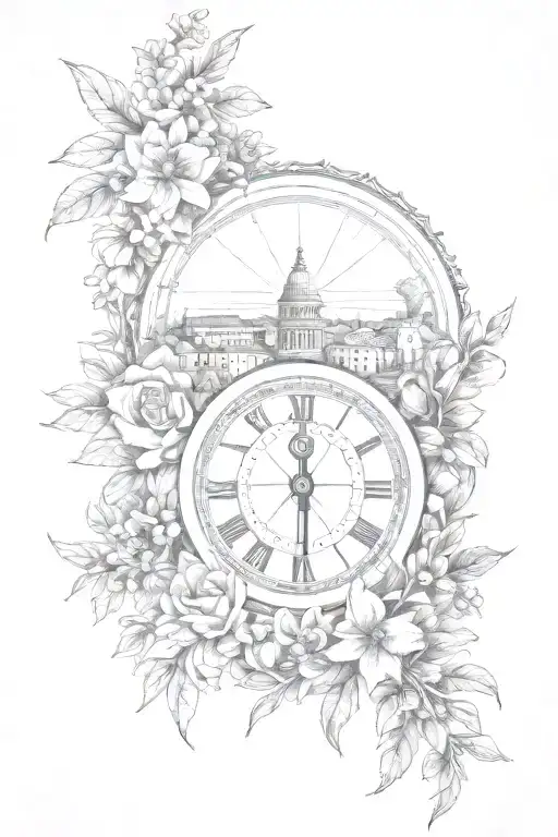 Tattoo Featuring Roman Buildings, And navigation Compass Surrounded By Flowers And olive branches tattoo design idea