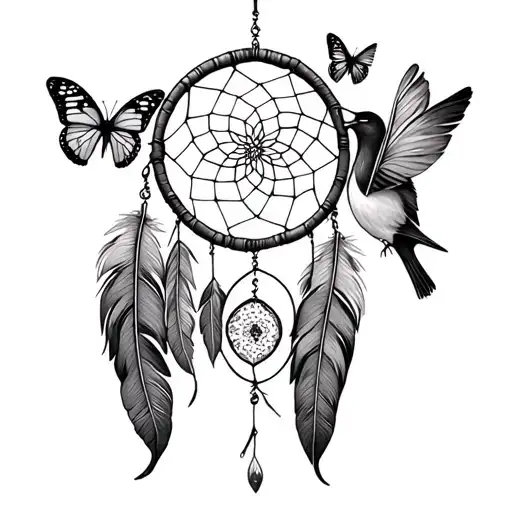 dreamcatcher with feathers butterflies, birds, and the lyrics Jesus loves me and memory of my grandmother tattoo design idea