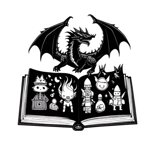 a small book open with dragon emerging with harry potter stuff and pokemon stuff and zelda stuff. it has to be in dust  tattoo design idea