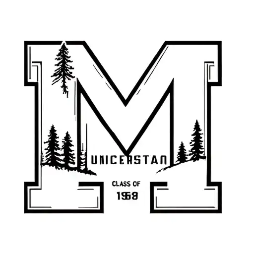 black and white university of michigan "M" incorporating pine trees and "Class of 1969" tattoo design idea