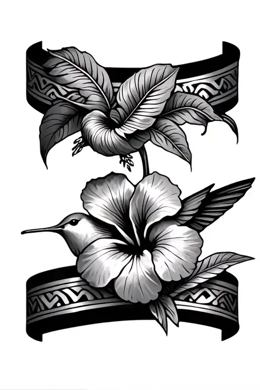 flower palm flower hibiscus hummingbird around an already existing maori bracelet tattoo design idea