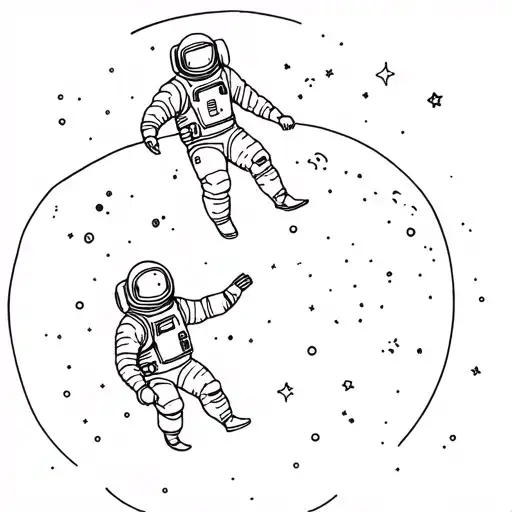 Minimalist cartoon line art tattoo of two astronauts. One astronaut is floating in space and holding the hand of another tattoo design idea
