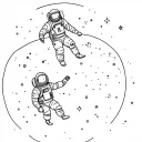 Minimalist cartoon line art tattoo of two astronauts. One astronaut is floating in space and holding the hand of another tattoo design idea
