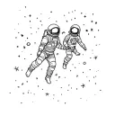 Minimalist cartoon line art tattoo of two astronauts. One astronaut is floating in space and holding the hand of another tattoo design idea