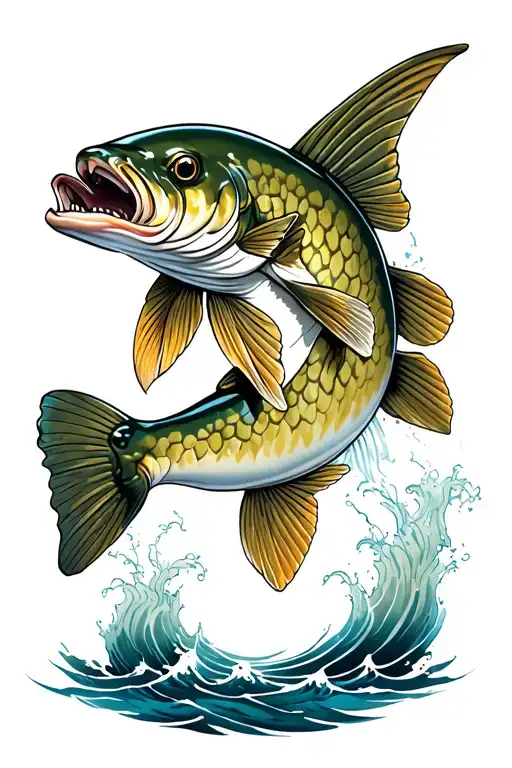 northern pike fish jumping tattoo design idea