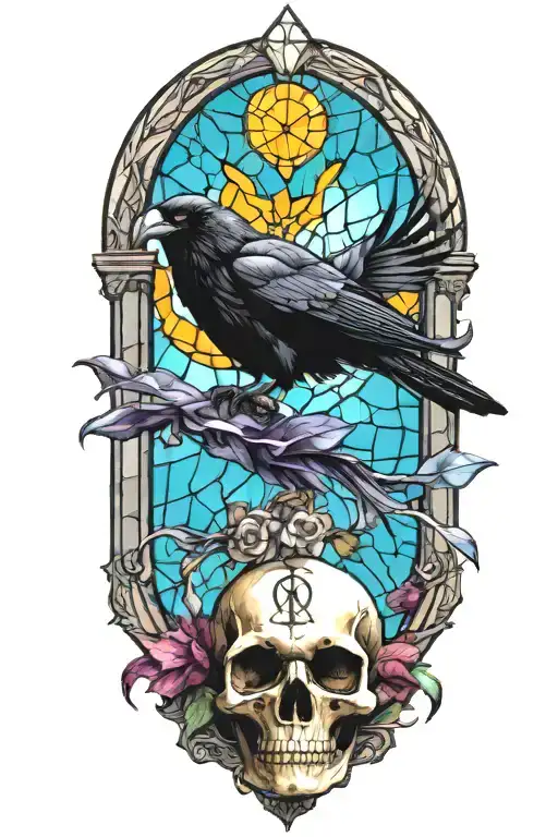 One raven flying with skull in its claw with stained glass background black “memento vivere” on the background tattoo design idea