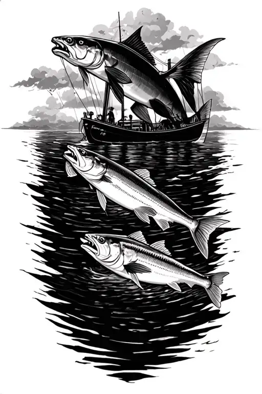 Storm with boat and tarpon swimming beneath tattoo design idea