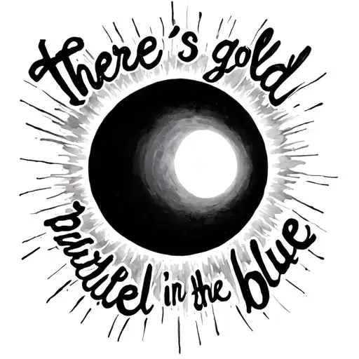 solar eclipse with the words "there's gold buried in the blue" written as the rays off the sun.  tattoo design idea