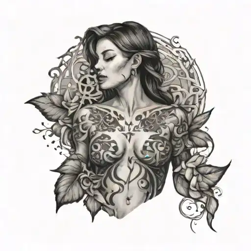 Female chest dark spiritual awakening unalome tattoo black work tattoo design idea