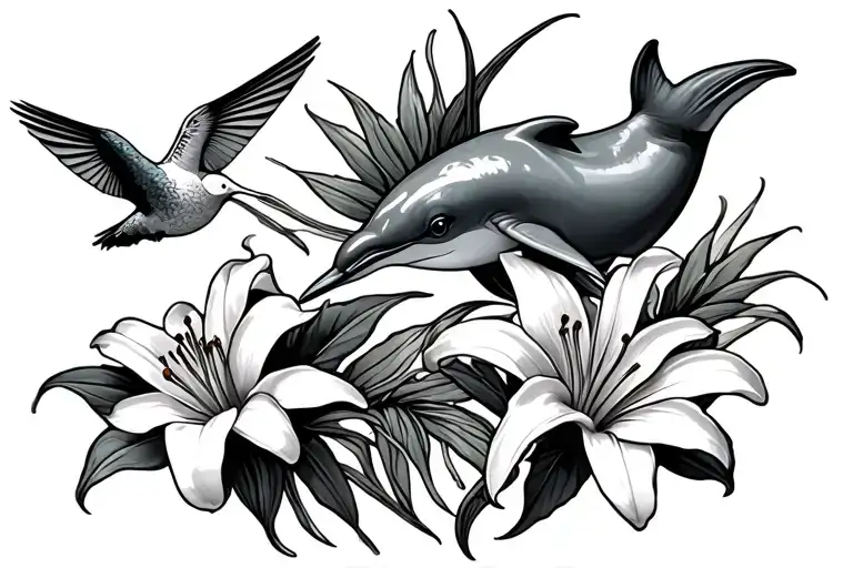 hummingbird, dolphin and cali lilly flower tattoo design idea