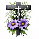 a cross with violet, daisy and lily of the valley flowers  tattoo design idea
