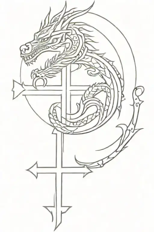 small cross with Aztec dragon wrapped tattoo design idea