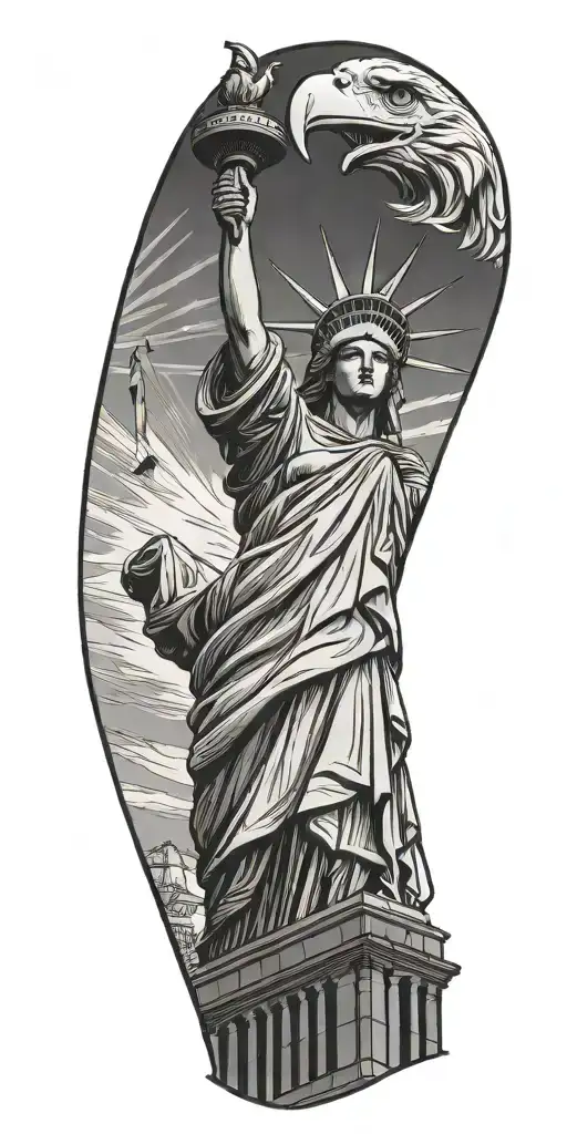 Statue of Liberty with eagle and liberty bell tattoo design idea