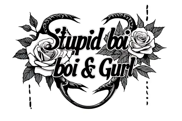 "Stupid boii & Gurl " hook and roses intertwined tattoo design idea
