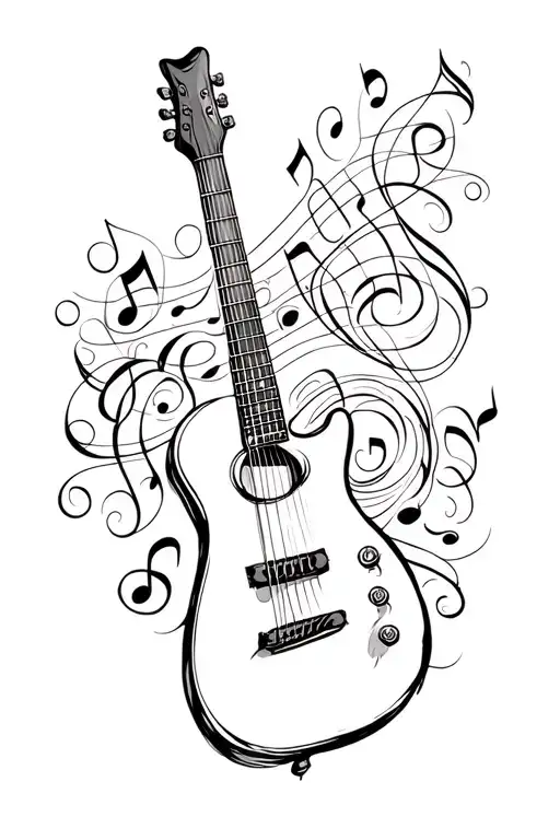 acuistic guitar with scroll musical notes swirling tattoo design idea
