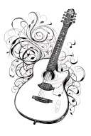 acuistic guitar with scroll musical notes swirling tattoo design idea