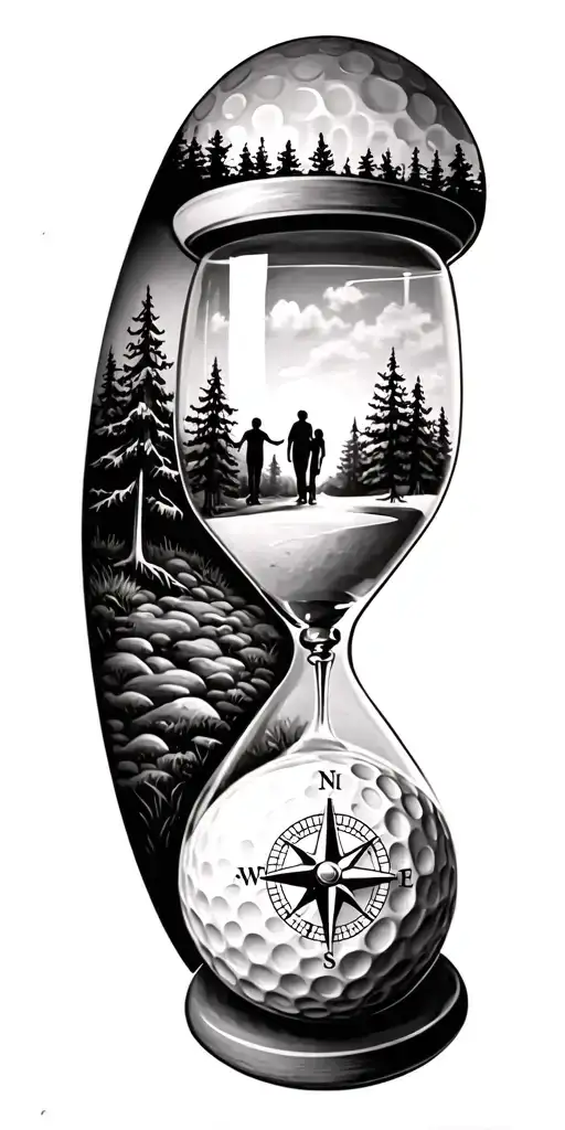 family and forest and hour glass and compass golf course golf ball tattoo design idea