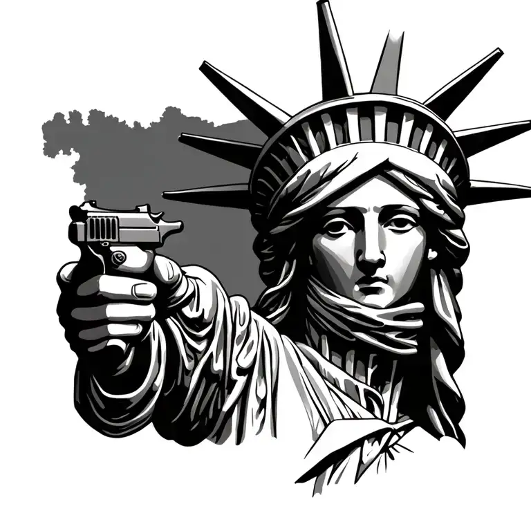 statue of liberty holding a pistol in place of a torch. bandanna covering her face and one hand covering an eye  tattoo design idea