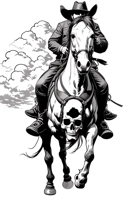 skull cowboy riding a horse into the clouds tattoo design idea